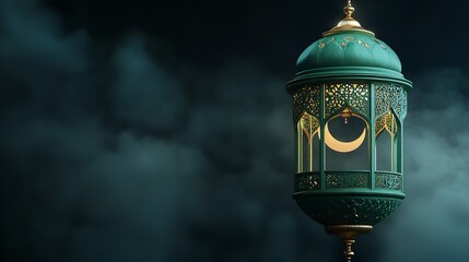 Naklejka premium 3D lantern with crescent moon and clouds in green tones, Ramadan Kareem concept design for banner backgrounds, showcasing festive Islamic elements
