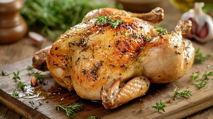Delicious roasted whole chicken seasoned with herbs and spices, presented on a rustic wooden board, ready to serve.