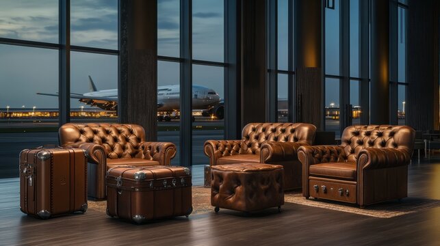 Elegant Leather Furniture Set in an Airport Lounge with a Stunning View of Planes at Dusk