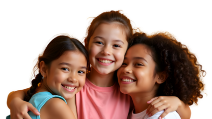 Warm and friendly images of children from various cultural backgrounds putting arms around each other with bright and happy expressions.