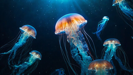 Fototapeta premium A Glowing Jellyfish Drifting in the Deep Sea, Surrounded by Bioluminescent Particles, Creating a Mystical, Ethereal Atmosphere – AI-generated