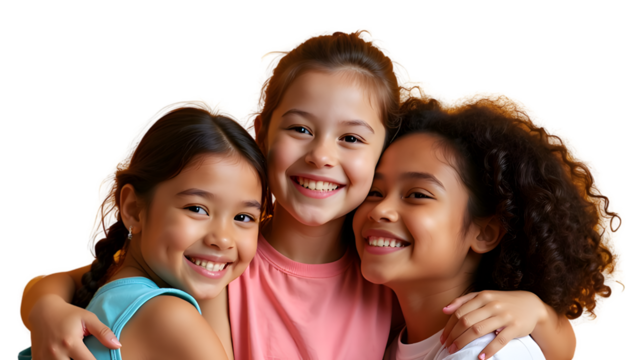 Warm and friendly images of children from various cultural backgrounds putting arms around each other with bright and happy expressions.