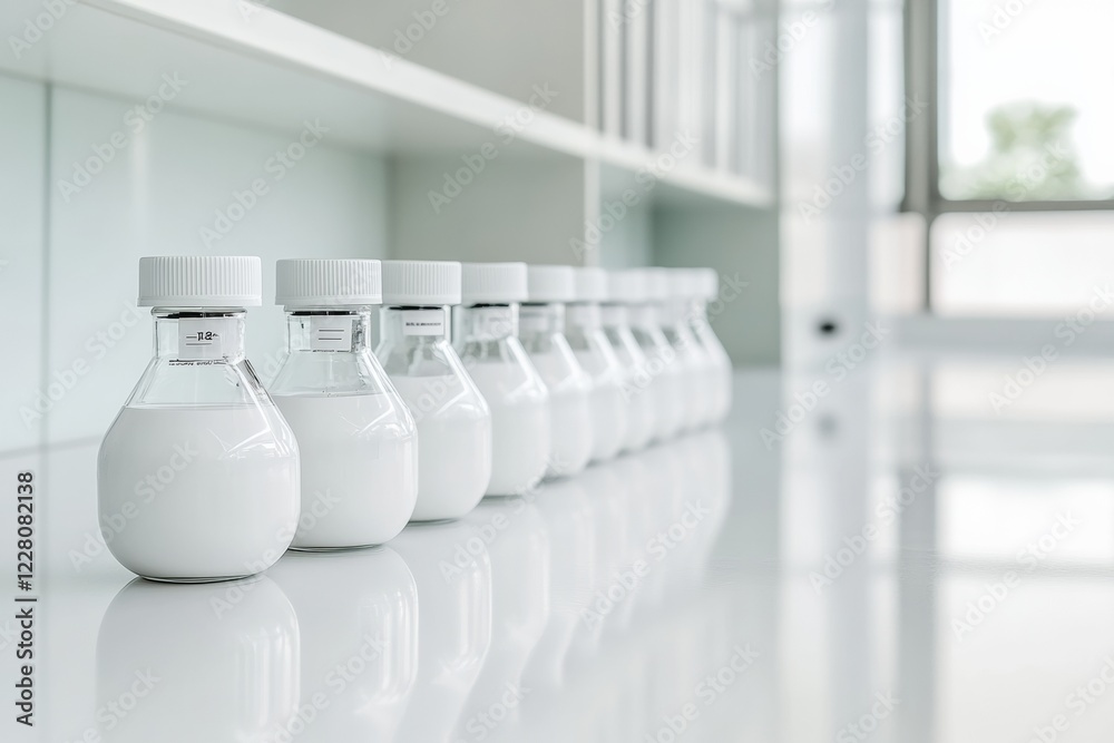 Poster Minimalist Lab Design Sleek White Bottles with Air Quality Solutions in Precision Lab - Cutting-Edge Research Visuals for Healthcare Innovation Marketing