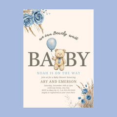 Teddy Bear Blue Bearly Wait Baby Invitation