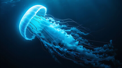 A Glowing Jellyfish Drifting in the Deep Sea, Surrounded by Bioluminescent Particles, Creating a Mystical, Ethereal Atmosphere – AI-generated