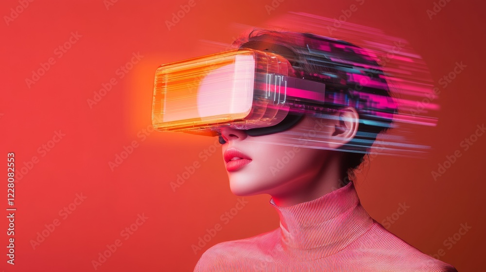 Poster Glitch Art VR Experience Fragmented Pixels and Vibrant Overlays for Futuristic Tech Marketing in Digital Entertainment and Gaming Spaces