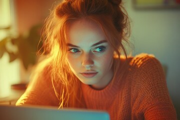 A young woman with red hair looks intently at a laptop screen in warm, ambient lighting.