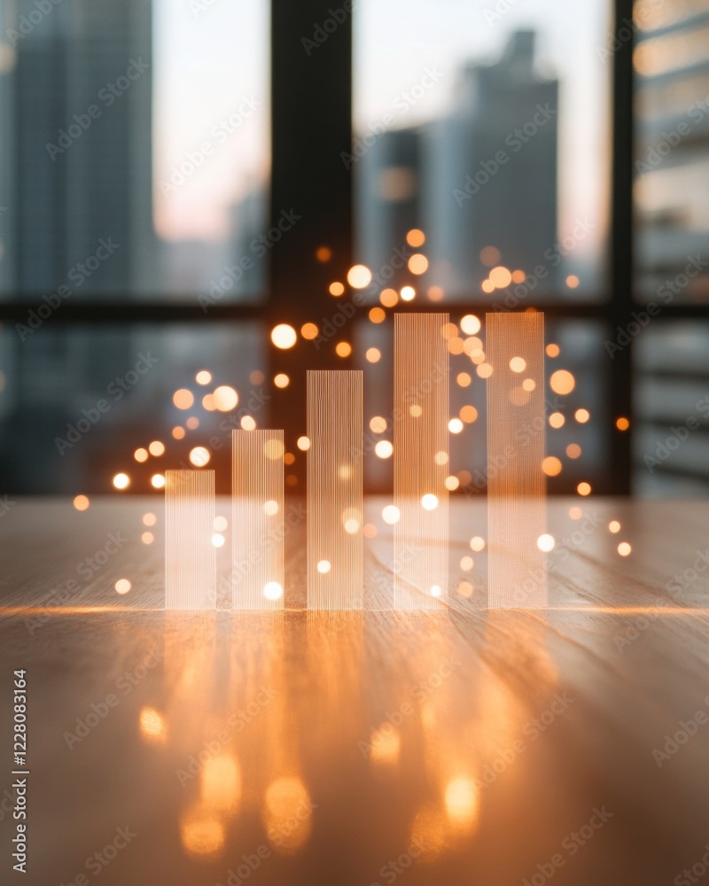 Poster Augmented Reality Bar Graph Illuminated Data Visualization on Wooden Desk in Glass-Walled Office - Business Innovation and Digital Marketing for Tech-Driven Productivity