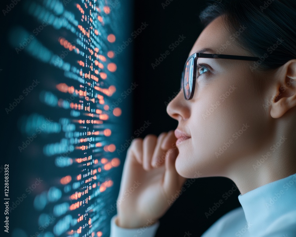 Poster futuristic cybersecurity seminar professional in high-tech conference room analyzing digital data st