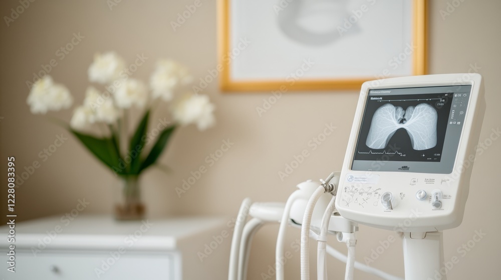 Poster contemporary medical space advanced respiratory diagnostics display in minimalist setting - high-tec