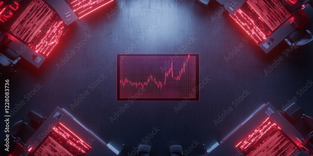 Poster futuristic trading floor holographic stock charts on metallic desks - financial tech innovation and 
