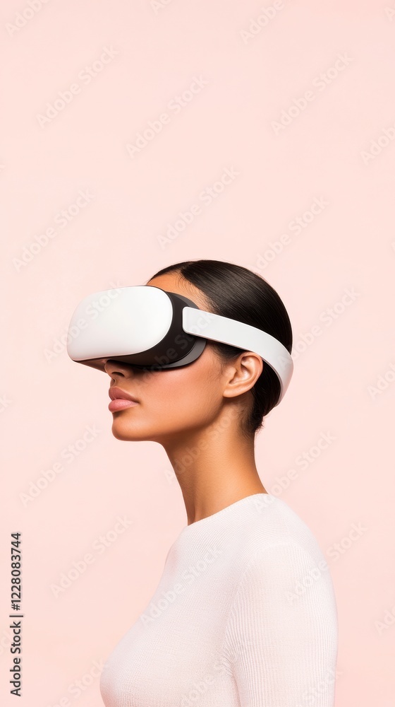 Poster sleek virtual reality headset display minimalist white and pink setup for cutting-edge tech industry