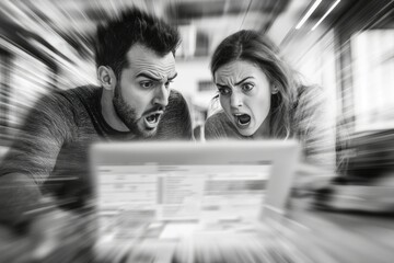 A shocked couple stares at their laptop screen, displaying unexpected or alarming news.
