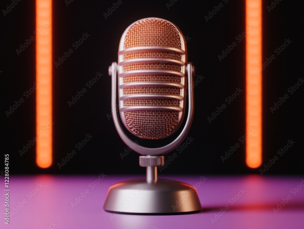 Aufkleber modern podcasting studio sleek microphone on violet desk with sound panels - digital content creatio