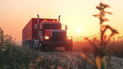 Obraz premium Majestic Truck Journey Through Serene Fields at Sunrise: A Captivating Transportation Scene