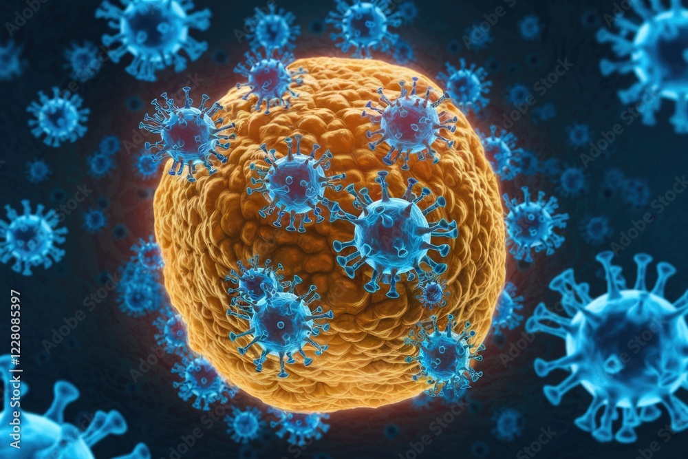 Poster microscopic view of numerous viruses attacking a human cell, highlighting the cellular infection pro