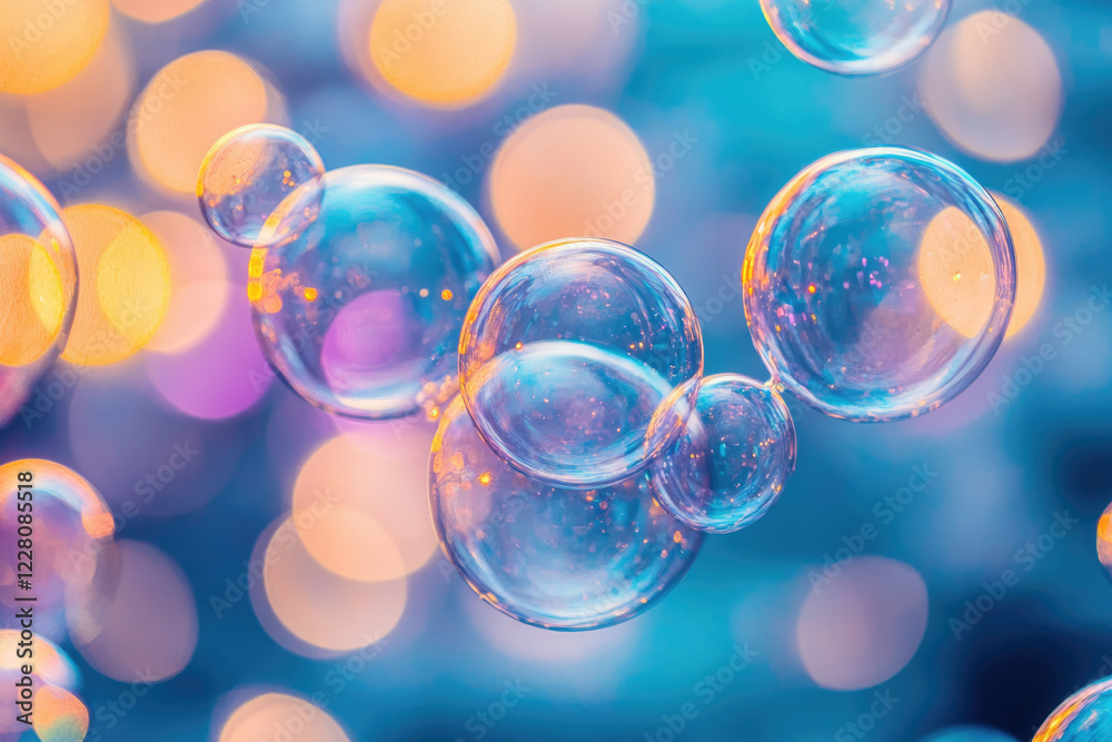 Aufkleber close-up of iridescent soap bubbles floating against a bokeh background of warm and cool colors.