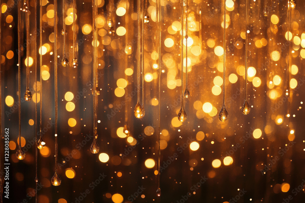 Poster golden droplets cascading against a bokeh background of warm, glittering lights.