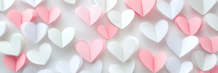 Lovely Pink and White Paper Hearts - Many pink and white paper hearts arranged on a white background. Perfect for Valentine's Day, love, romance, and wedding themes.