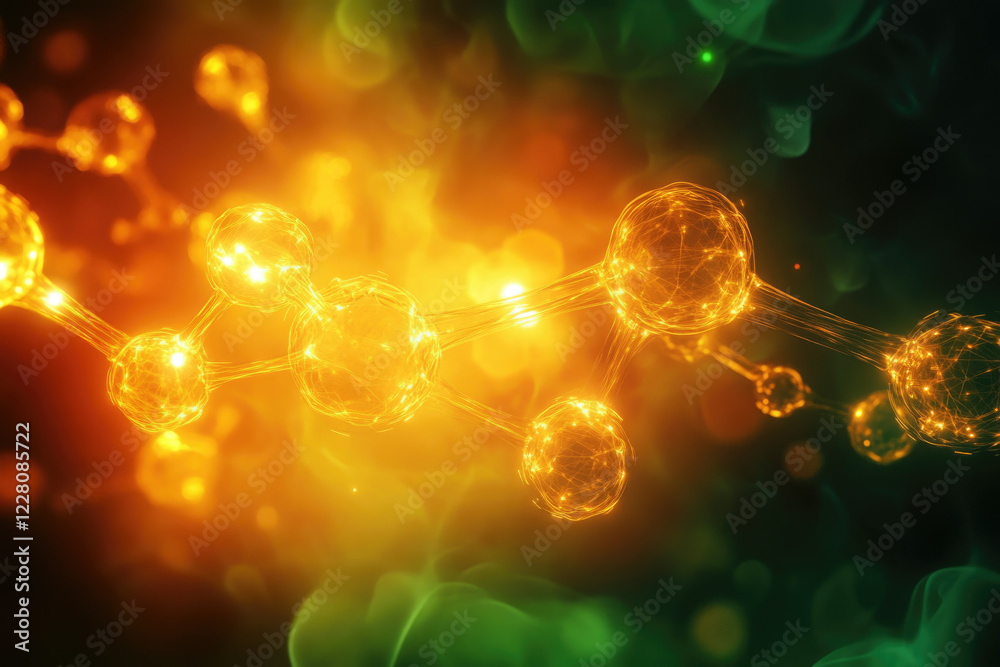 Poster abstract representation of glowing atoms connected by bonds, showcasing molecular structure and ener