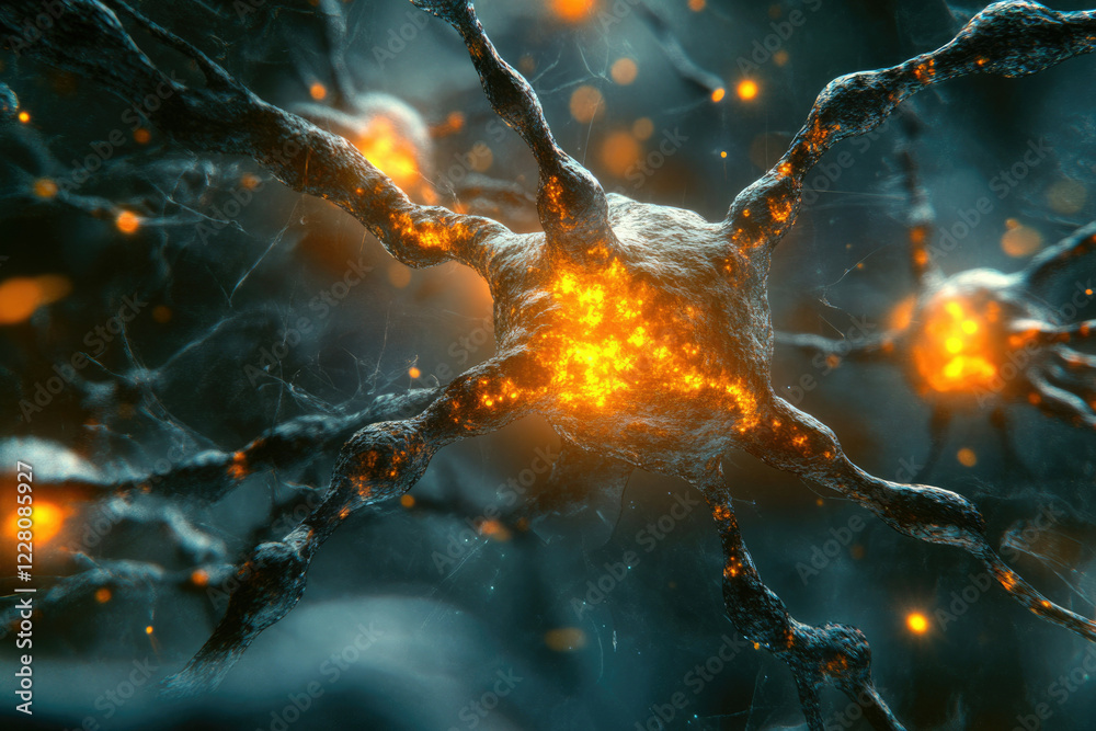 Poster Microscopic view of neuron firing, intricate network of neural connections transmitting signals.