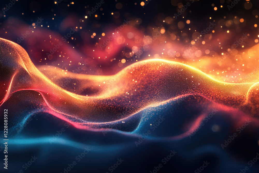 Poster abstract art depicting vibrant, glowing particles forming dynamic waves in a dark background.