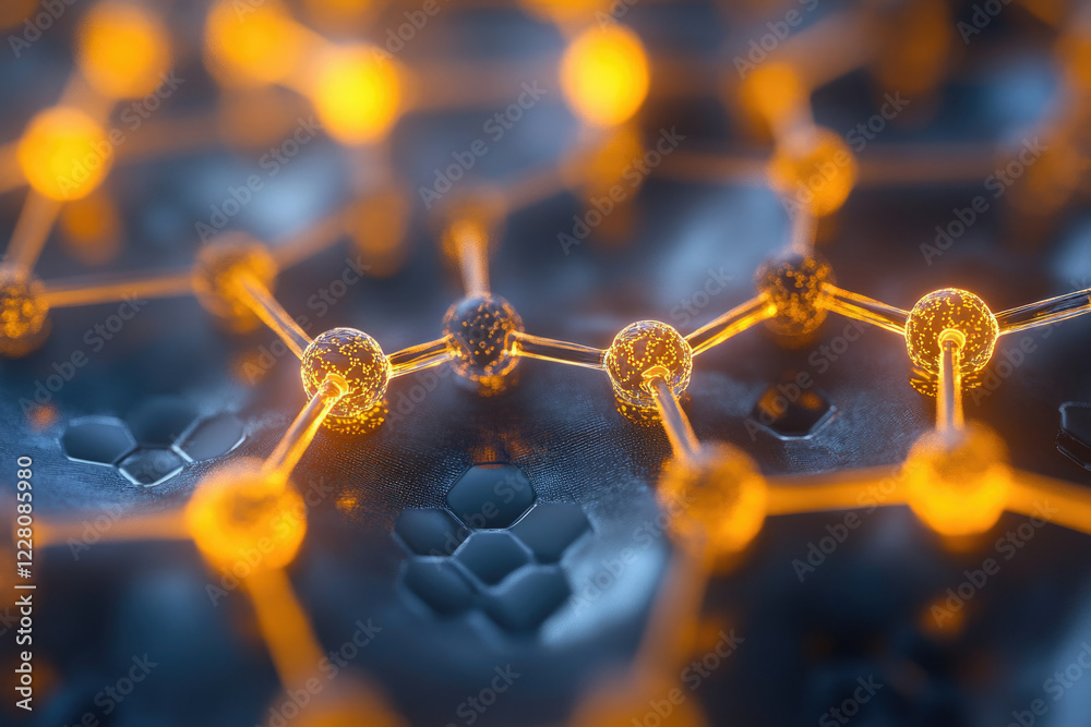 Poster microscopic view of glowing molecular structure, intricate network of atoms and bonds.