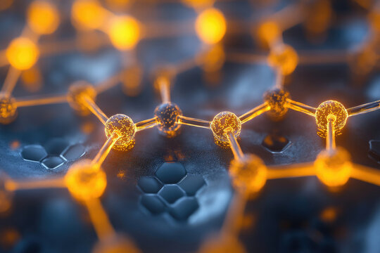 Microscopic view of glowing molecular structure, intricate network of atoms and bonds.