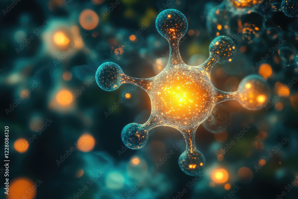 Poster a microscopic view of a glowing molecule, complex structure with interconnected nodes, vibrant orang