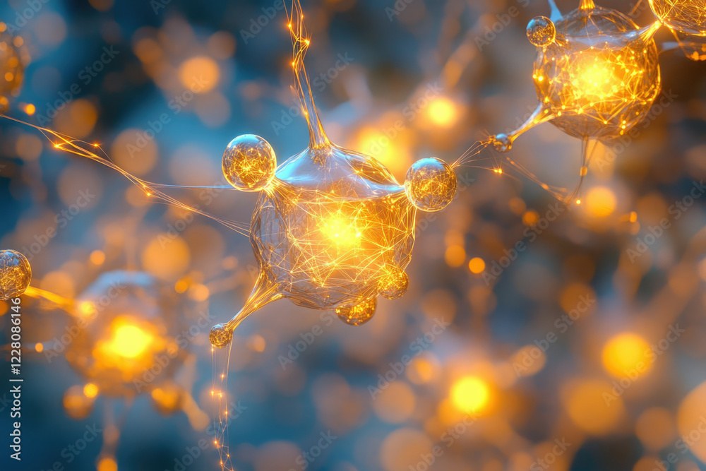 Poster Glowing interconnected nodes representing neural network or molecular structure.