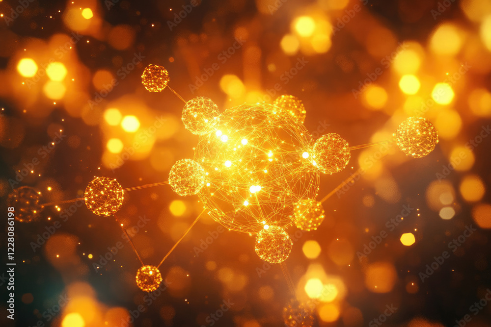 Poster a glowing golden molecule model, complex network structure, abstract science background.