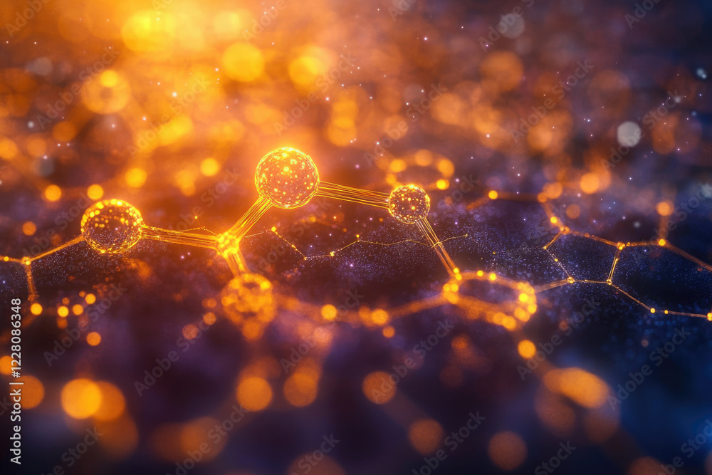 Poster Abstract 3D rendering of glowing molecules connected in a network, representing scientific concepts like chemistry, nanotechnology, or molecular structures.