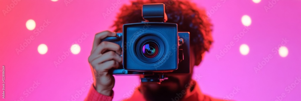 Poster vibrant live broadcasting setup digital camera in neon ambiance for youth-driven news production - c