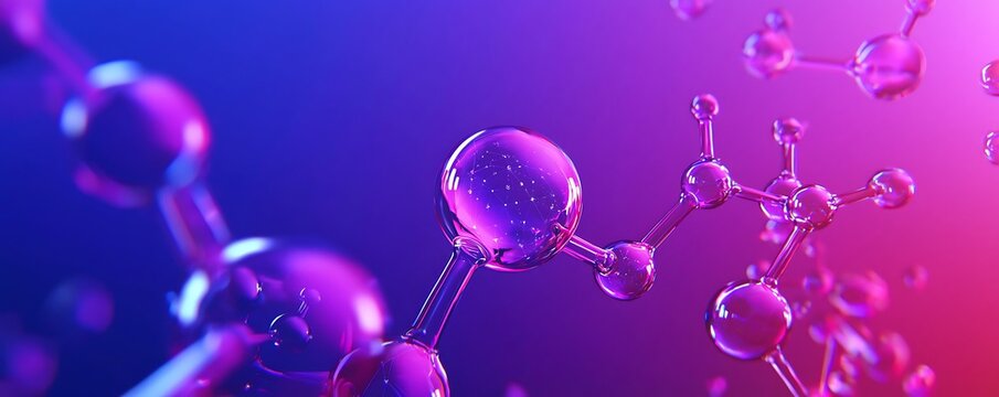 Abstract molecular structure with vibrant purple and pink hues, representing science and innovation. - Powered by Adobe