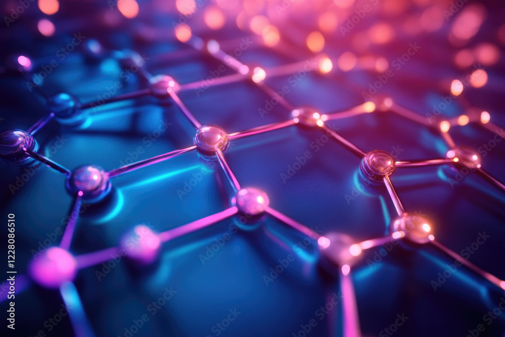 Poster Abstract 3D rendering of a network structure, showcasing interconnected nodes and glowing edges, representing advanced technology or molecular connections.