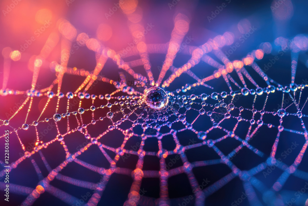 Poster a spiderweb glistening with dew, illuminated by vibrant pink and blue light, creating a mesmerizing,