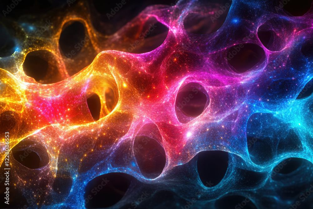 Poster Abstract vibrant cosmic network with glowing particles and interconnected nodes forming a mesmerizing pattern.