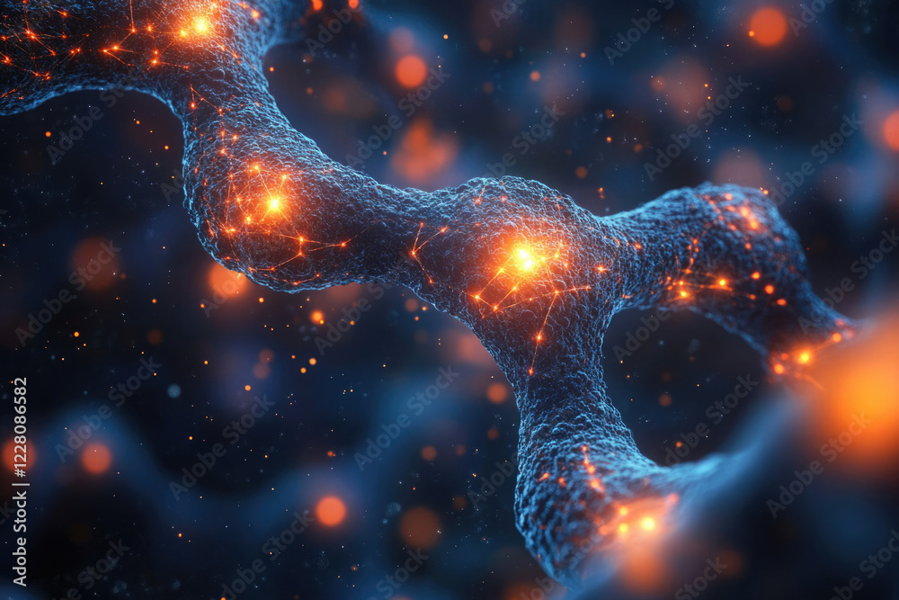 Poster Abstract representation of a complex interconnected network, glowing with vibrant energy, suggesting neural pathways or molecular structures.