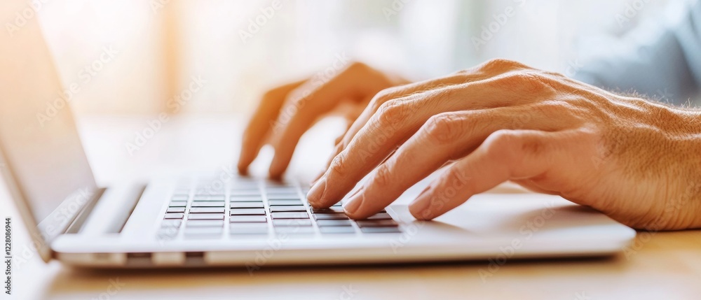 Poster Minimalist Ergonomic Desk Space Close-Up Typing Hands on Laptop Keyboard - Tech-Enhanced Productivity and Collaborative Digital Work for Modern Office Professionals