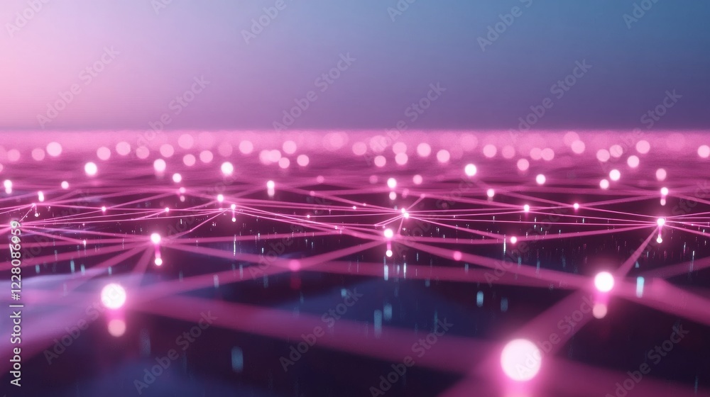 Poster Neon Digital Network Futuristic Interconnected Node Landscape Over Reflective Surface - Blockchain Visualization for Tech and Business Innovation