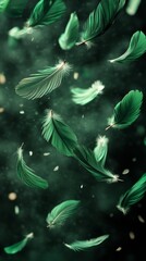 Green feathers falling gently on a dark background. Green feathers creating a delicate contrast and serene atmosphere.