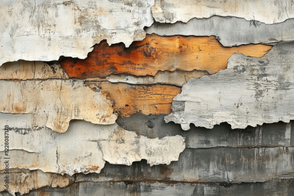 Aufkleber layers of weathered wood and paint reveal a history of decay and texture in this abstract image.