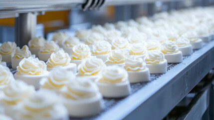  the image of a confectionery factory production line, showcasing the process of making zephyr and marshmallows or cream roses.