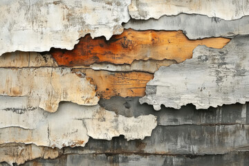 Fototapeta premium Layers of weathered wood and paint reveal a history of decay and texture in this abstract image.