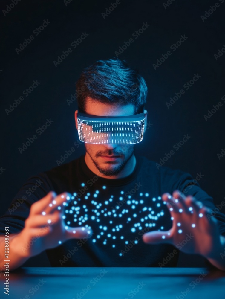 Poster tech noir vision white male, 30s, engages with holographic ar interface in dim room cutting-edge com