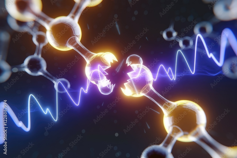 Poster abstract visualization of molecular bonds breaking and energy waves, showcasing atomic interactions 