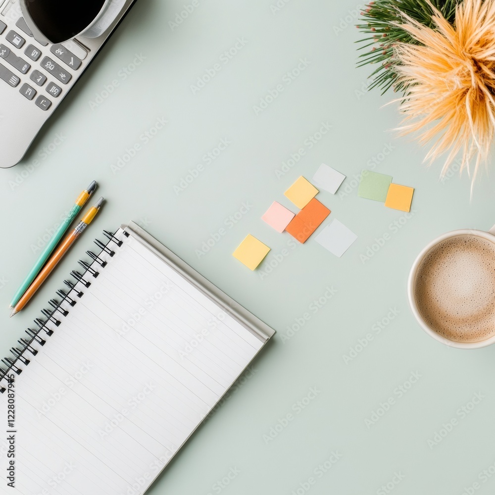Aufkleber Overhead Workspace Chic Open Notebook and Laptop on Minimalist Desk with Colorful Sticky Notes and Coffee - Small Business Growth and Innovative Financial Planning in Modern Professional Settings
