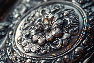 Intricate silver embossed floral design, showcasing detailed craftsmanship and ornate patterns.