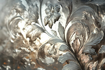 Intricate silver floral etching on a metallic surface, showcasing detailed leaves and flowers.