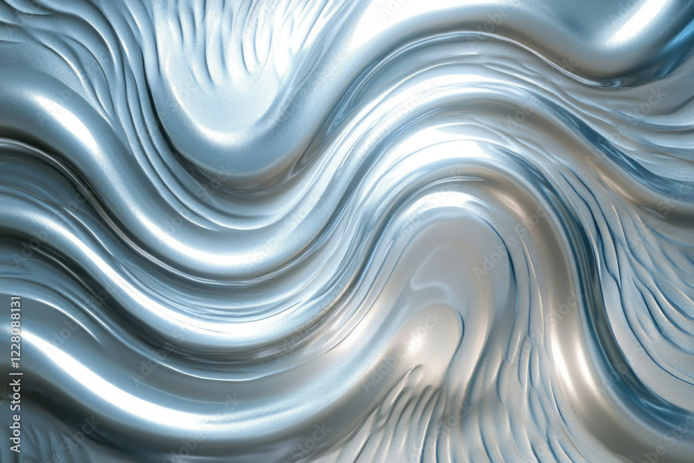 Poster Abstract silver metallic waves flowing in a dynamic pattern, creating a luxurious and elegant visual.